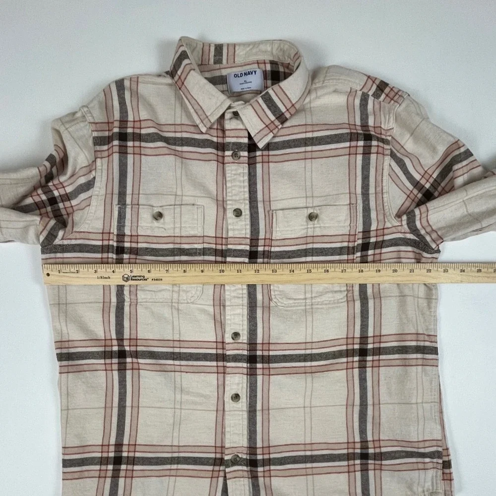 Old Navy Mens XL Double Brushed Flannel‎ Shirt Plaid Cream Brown Long Sleeve